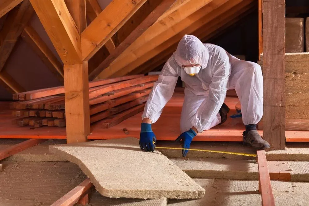 Instalador certificado aplicando aislamiento en una buhardilla